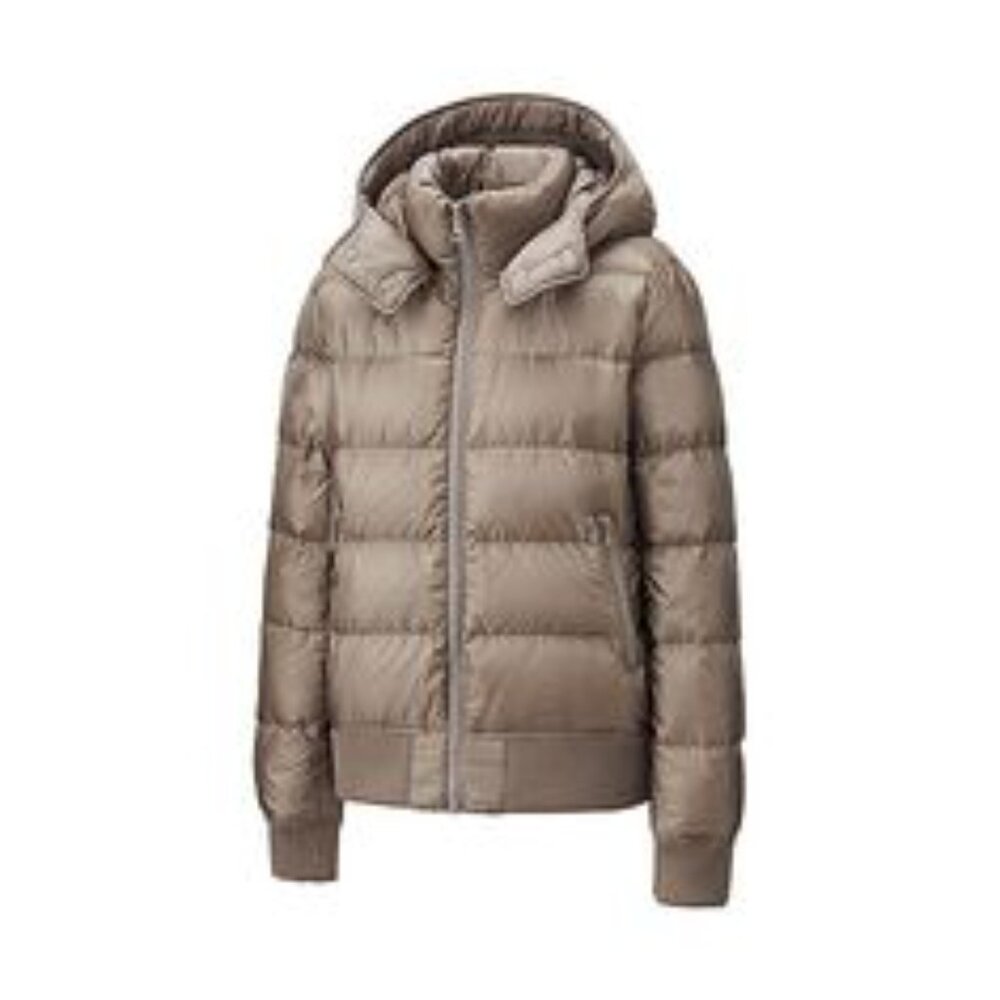 Uniqlo Women Tan Taupe 80% Down Bomber Jacket Coat removable Hood XS Discounted